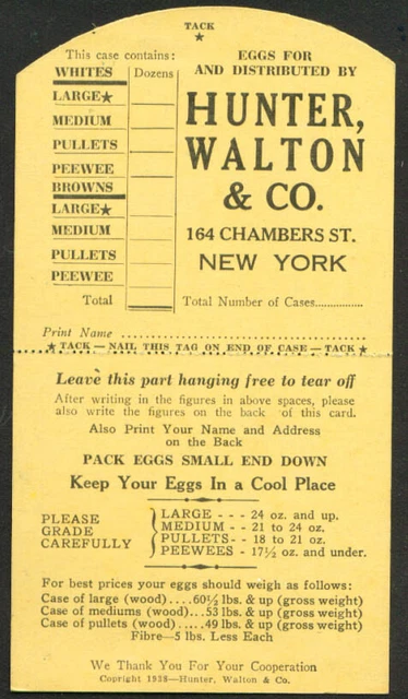 Hunter Walton customer egg case card 1938 New York