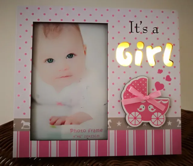 Baby Girl LED Wooden Photo Picture Frame Night Light Up Pink Nursery Decor Baby