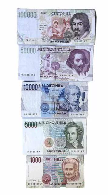 Set of 6 Italian Lira Banknotes Italy 500000, 100000, 10000, 5000, 1000 Notes