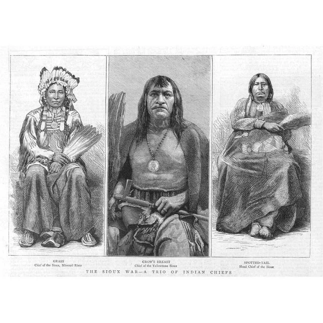 SIOUX INDIANS A Trio of Chiefs - Antique Print 1876