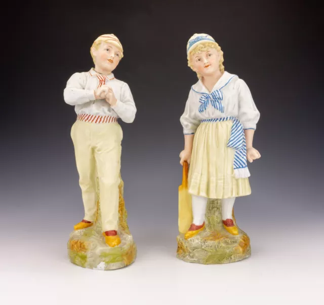 Antique Pair Of Gebruder Heubach - Bisque Boy & Girl Cricket Figurines