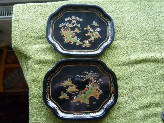 Two Vintage Worcester Ware Black Metal Oriental Cocktail Tray's Retro Original ,