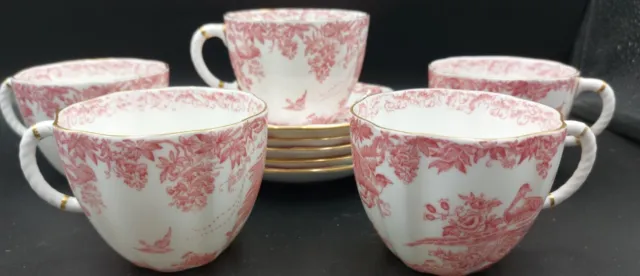 Royal Crown Derby Red Aves X 5 Tea Cups/Saucers 1979 (W/47)
