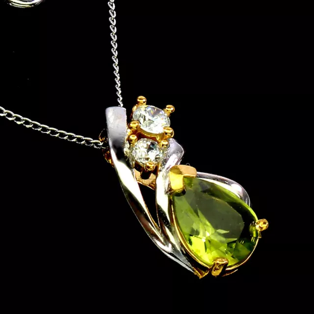 Unheated Pear Green Peridot 9x7mm Simulated Cz 925 Sterling Silver Necklace 18