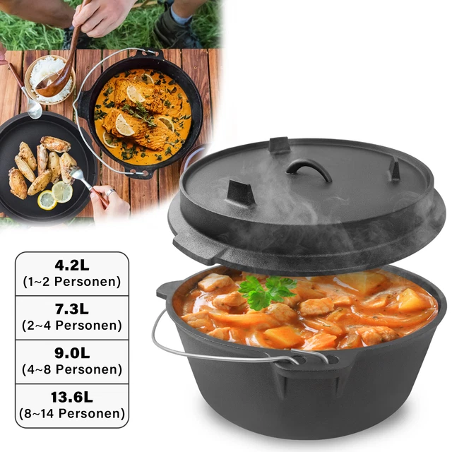 Dutch Oven mit Füßen Deckelheber BBQ Schmortopf Gusseisen Feuertopf Grilltopf