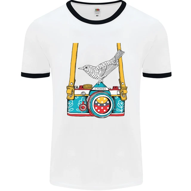 T-shirt uomo bianco fotocamera con un fotografo di uccellini fotografia