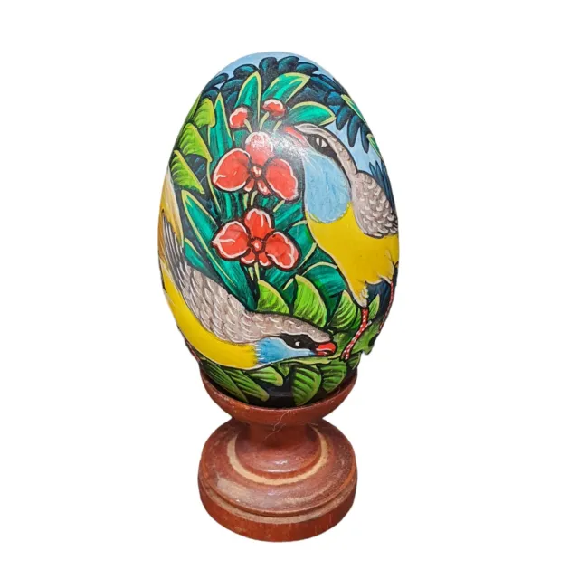 Vintage Hand Painted Egg Parrots Birds Wooden With Stand Colourful Intricate