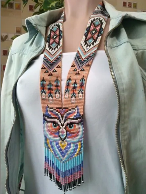 Handmade Seed Bead Necklace American Style Native Necklace Boho Beaded  OWL FACE