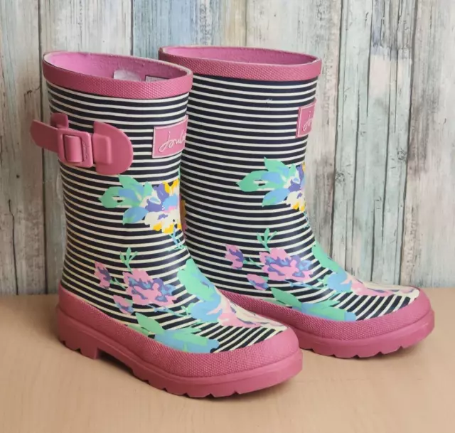 Joules Girls Welly Print Pink Floral Striped Pull-On Rain Boots Size 12 2