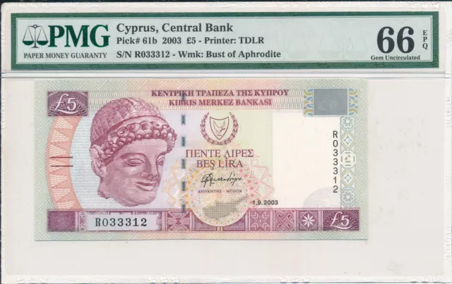 Central Bank Cyprus  5 Pounds 2003 S/No x333xx PMG  66EPQ