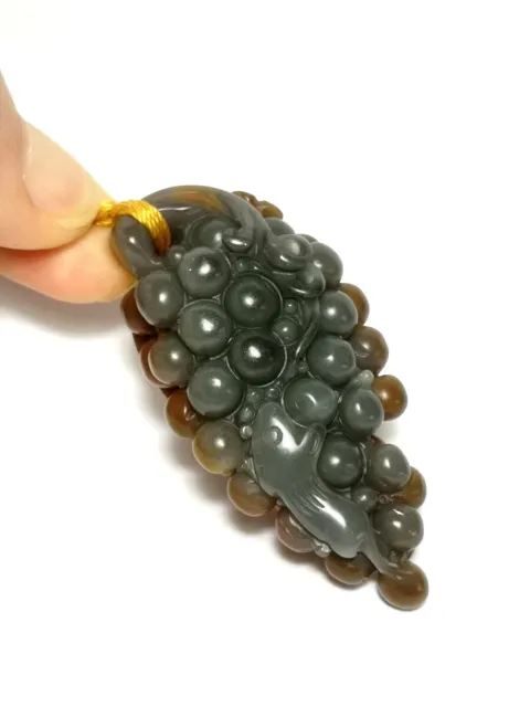 100% Natural Chinese Jade Hand-carved Squirrel Grape Pendant Free necklace gift