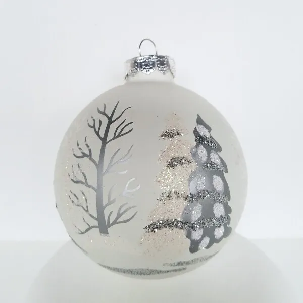 Glass Handpainted White Silver Trees Forest Snow Glitter Ball Christmas Ornament