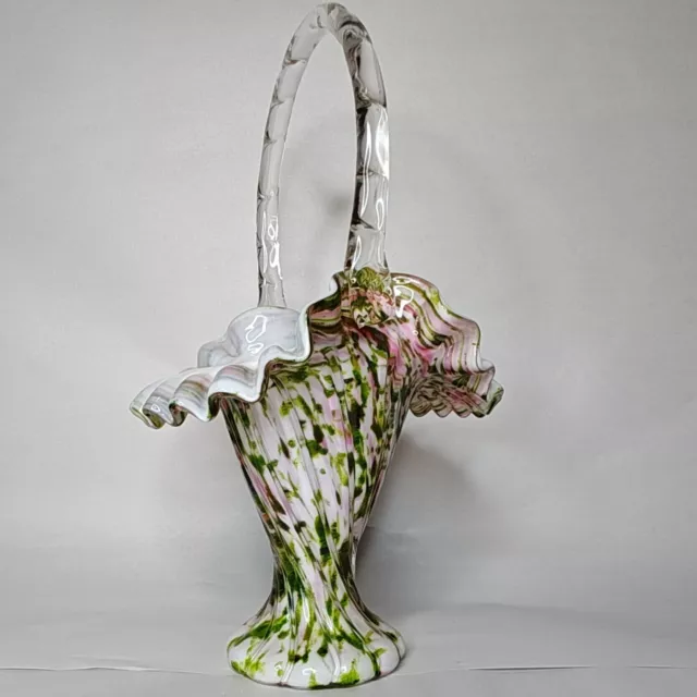 Vintage Fenton 1950-70 Vasa Murrhina Basket Pink Green Adventurine Glass Vase 2