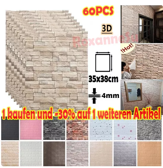 60Stk 3D Selbstklebend Tapeten Steinoptik Ziegelstein Wandpaneele Wandaufkleber