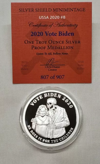 1oz 2020 Silver Shield Proof Vote Biden Round Coin #8 USSA 2020 For the Children