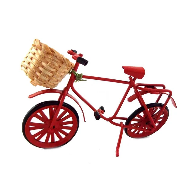Dolls House Red Bike Bicycle with Shopping Basket Miniature Garden Accessory