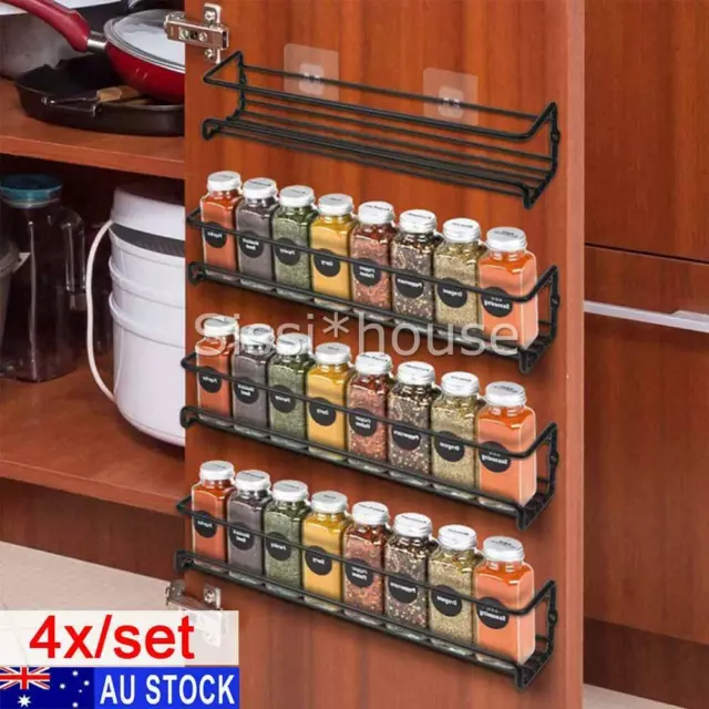 4PCS Kitchen Spice Rack Cabinet Shelves Jar Bottle Storage Organizer Wall Mount