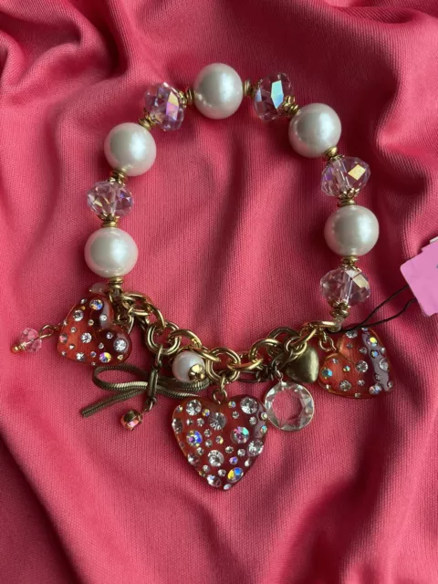 Betsey Johnson Peach Pink Coral Lucite Puffy Heart Clear Crystal AB Bow Bracelet
