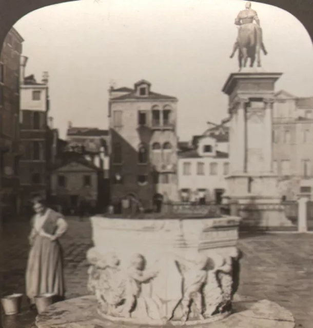 Italie Venise Statue Colleoni Puits Venitien ancienne Photo Stereo White 1900