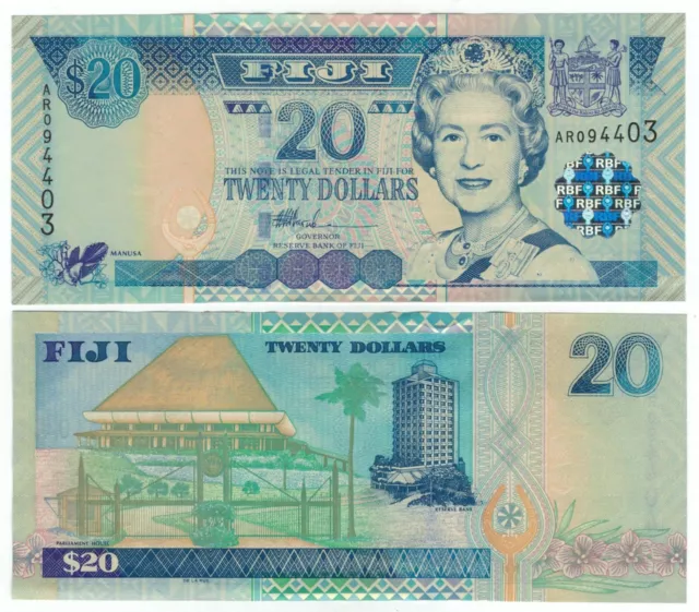 Fiji 20 Dollars (ND/2002) - QEII/Parliament, p-107a A- UNC Band Marks