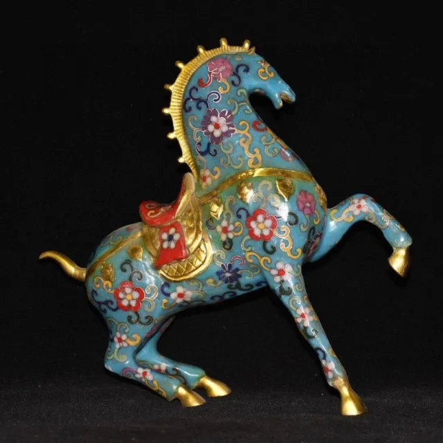 9.8" Chinese Qing Qianlong Old Cloisonne Enamel Copper Horse Statue Sculpture