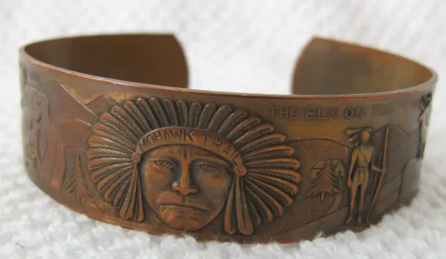 Native American Copper Story Cuff Bracelet Hairpin Turn Elk Mohawk Trail Vintage