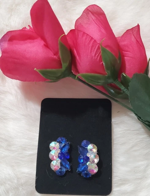 Sapphire & Crystal AB Earrings Clip on Ballroom Dance Jewelry