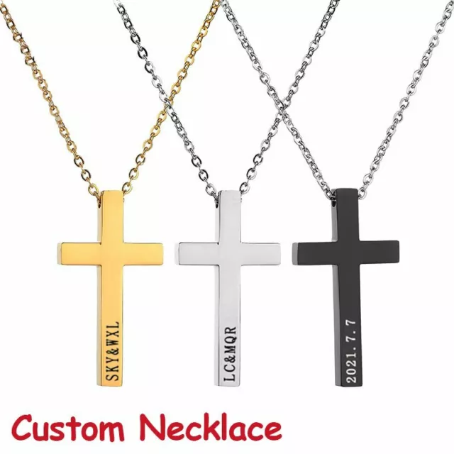 Personalised Stainless Steel Custom Name Cross Pendant Necklace Chain Engraved