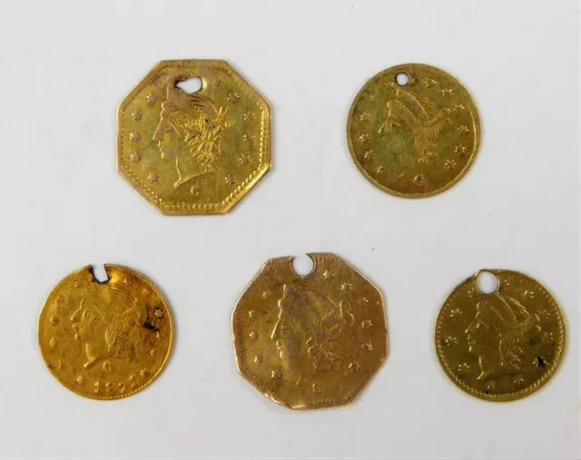 (5) CAL GOLD Pieces All HOLED 50c: 1854 1869; 25c: 1867, 1871, No Date B7652