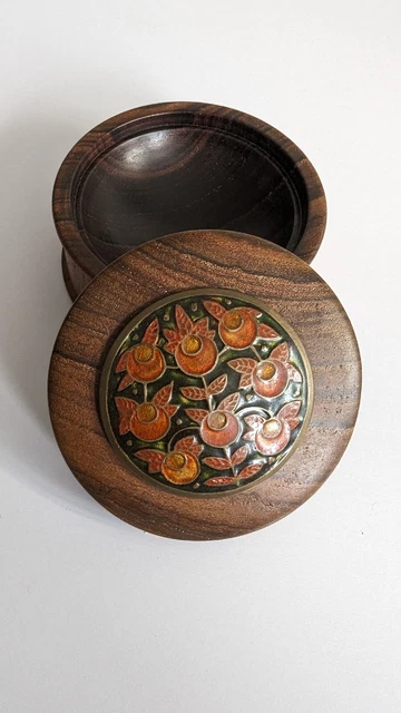 Wooden Trinket Box Enamelled Orange / Green Floral Disc Turned 10cm X 5.5cm
