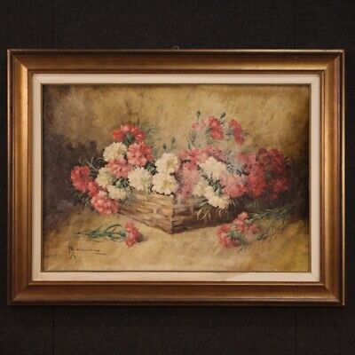 Bodegon firmado pintura sobre lienzo cuadro flores con marco siglo XX