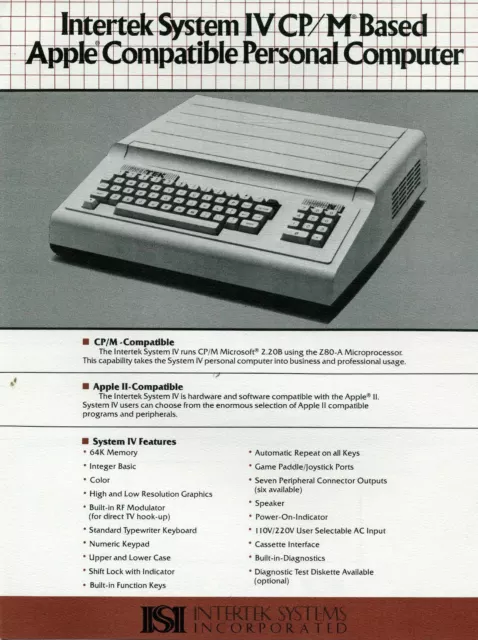 ITHistory (198X) Datasheet: INTERTEK SYSTEM IV CP/M Apple Compatble PC