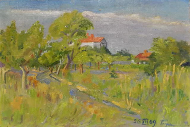 Vintage Summer Garden Landscape Original Oil Painting on canvas Ukrainian Artist