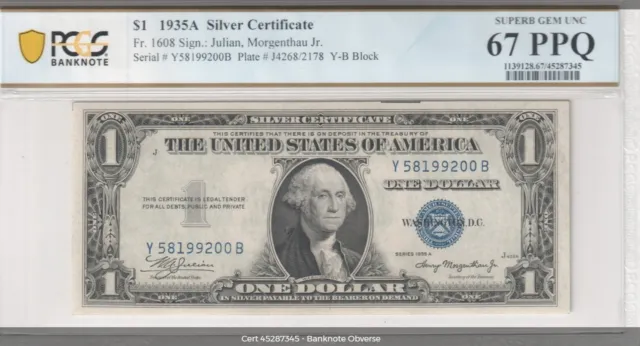 1935A $1 Silver Certificate Fr.1608 Y-B Block PCGS Superb Gem 67 PPQ