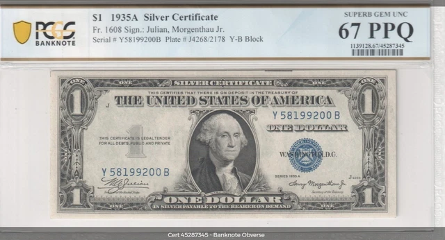 1935A $1 Silver Certificate Fr.1608 Y-B Block PCGS Superb Gem 67 PPQ