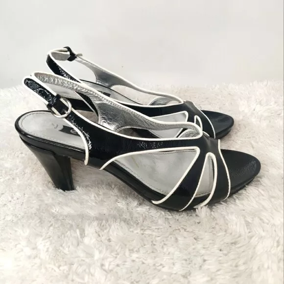 Ecco Womens Black Leather Open Toe Buckle Heeled Slingback Sandals Size 6