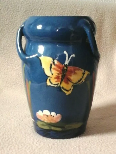 Royal Torquay pottery blue tri-handled vase butterfly lily pad  6 inch high ,,