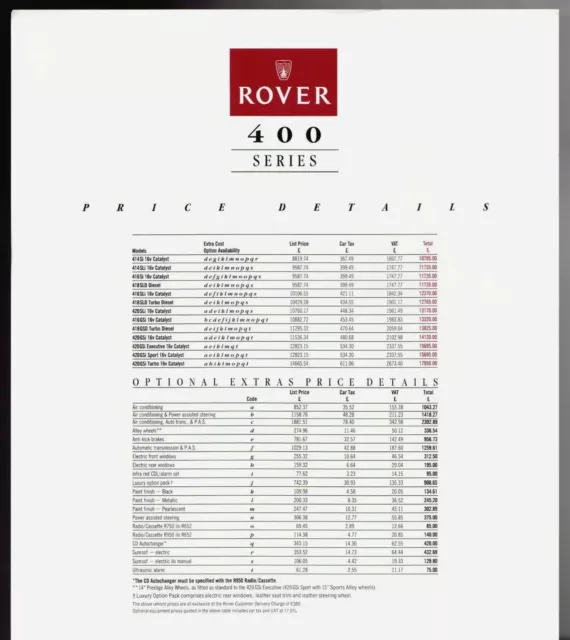 Rover 400-Series Saloon Prices & Options 1992-93 UK Single Sheet Brochure