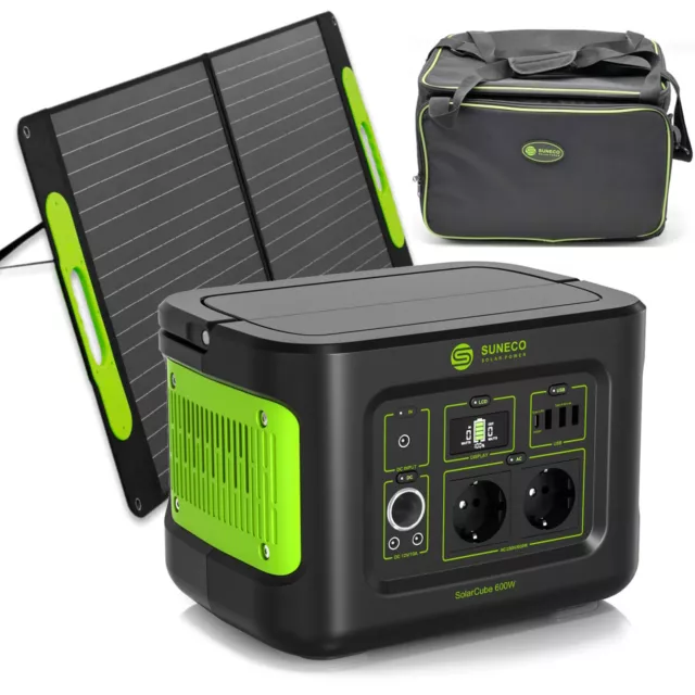 SolarCube 600W Powerstation mit Tragetasche +Solarpanel 100W Stromspeicher SET