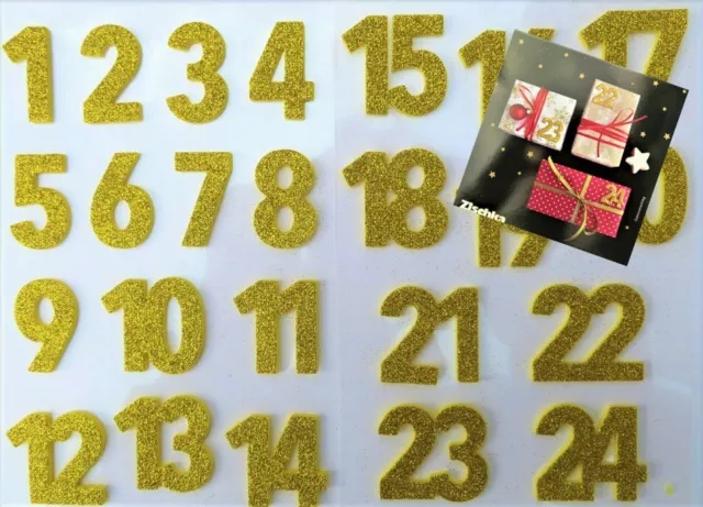 24 Adventskalender Zahlen 3cm Gold Aufkleber Glitzer Glitzerzahlen Sticker