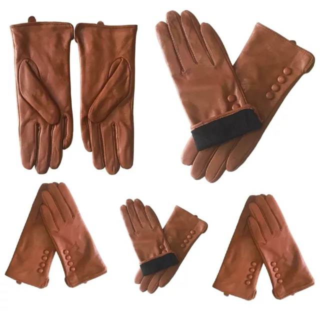 Leather Button Gloves Camel Ladies Soft Driving Warm Nappa Real Leather Glove