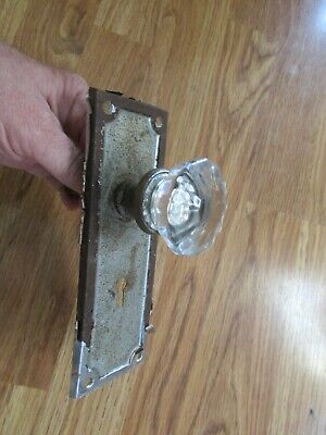 Vintage Glass Doorknob w/collar, spindle and Door Plate