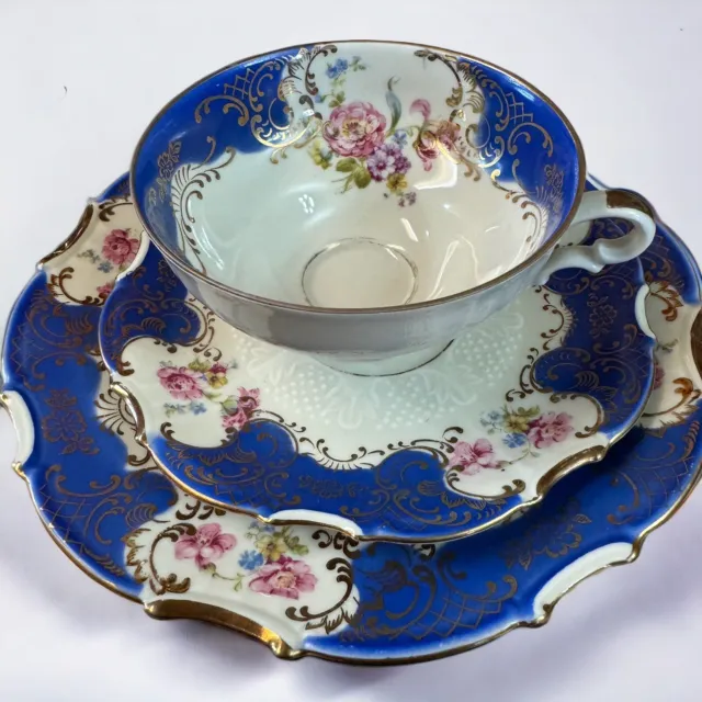 Schirnding Cobalt Blue Pink Roses Tea Cup Saucer Dessert Lunch Plate 7.75” Set