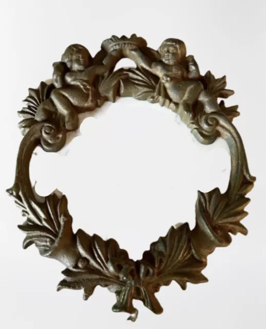 Cast Iron 10" Vintage Cherub Angel Wreath Crown Top - Brown