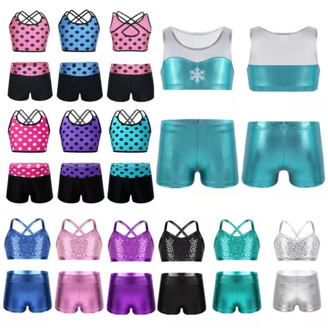 Girls Athletic Sports Dance Tankini Outfit Gymnastics  Crop Top Shorts Swimsuit