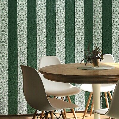 Wallpaper striped Victorian damask green brass steel metallic stripe Textured 3D