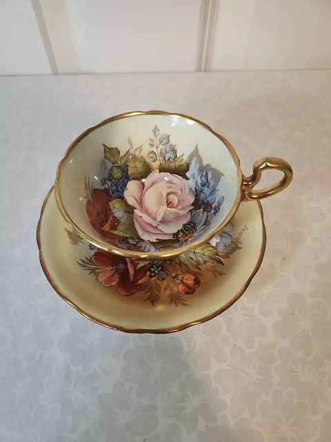 Vtg Aynsley Rose and Poppy Demitasse Teacup & Saucer Set Signed J.A. Bailey