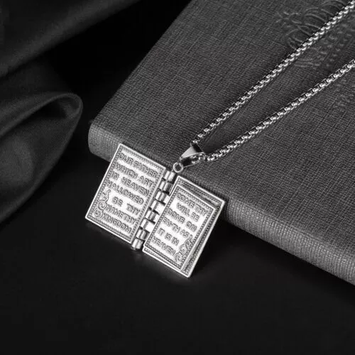 Vintage Silver Cross Bible Book Pendant Necklace Unique Jewelry For Men Women