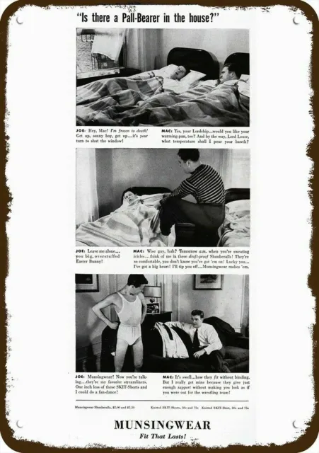 1939 MUNSINGWEAR Men's Underwear Vintage Look Metal Sign JOE & MAC IN BED