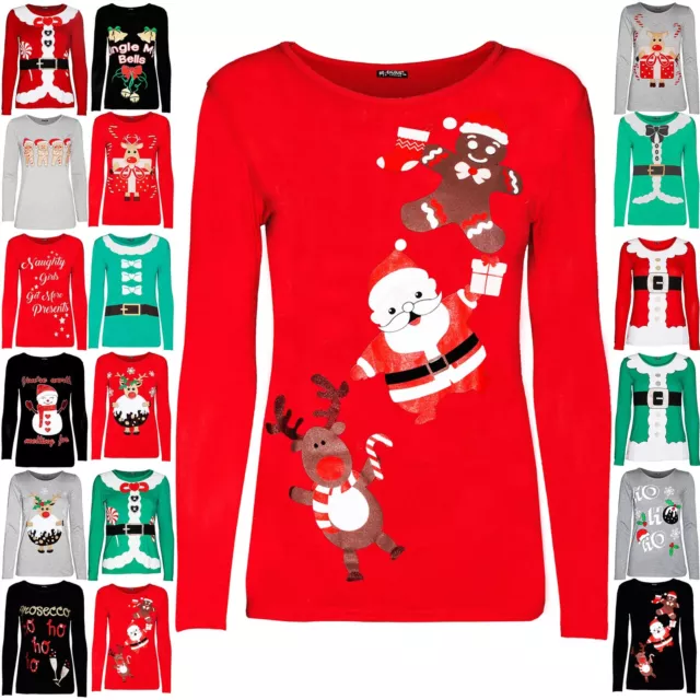 T-shirt donna renna pan di zenzero Babbo Natale manica lunga Natale